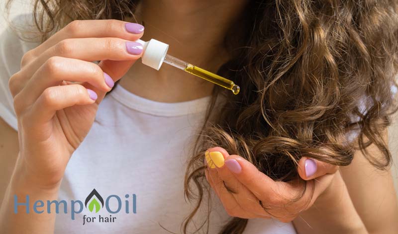 Young girl caring for curly hair tips with yellow hemp oil